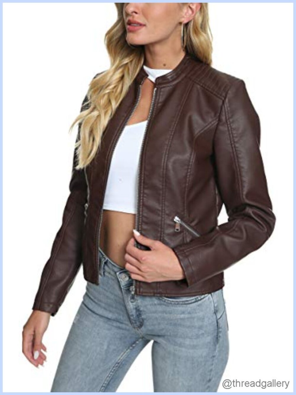 Women Faux Leather Moto Biker Jacket Zip Up Outwear Coat